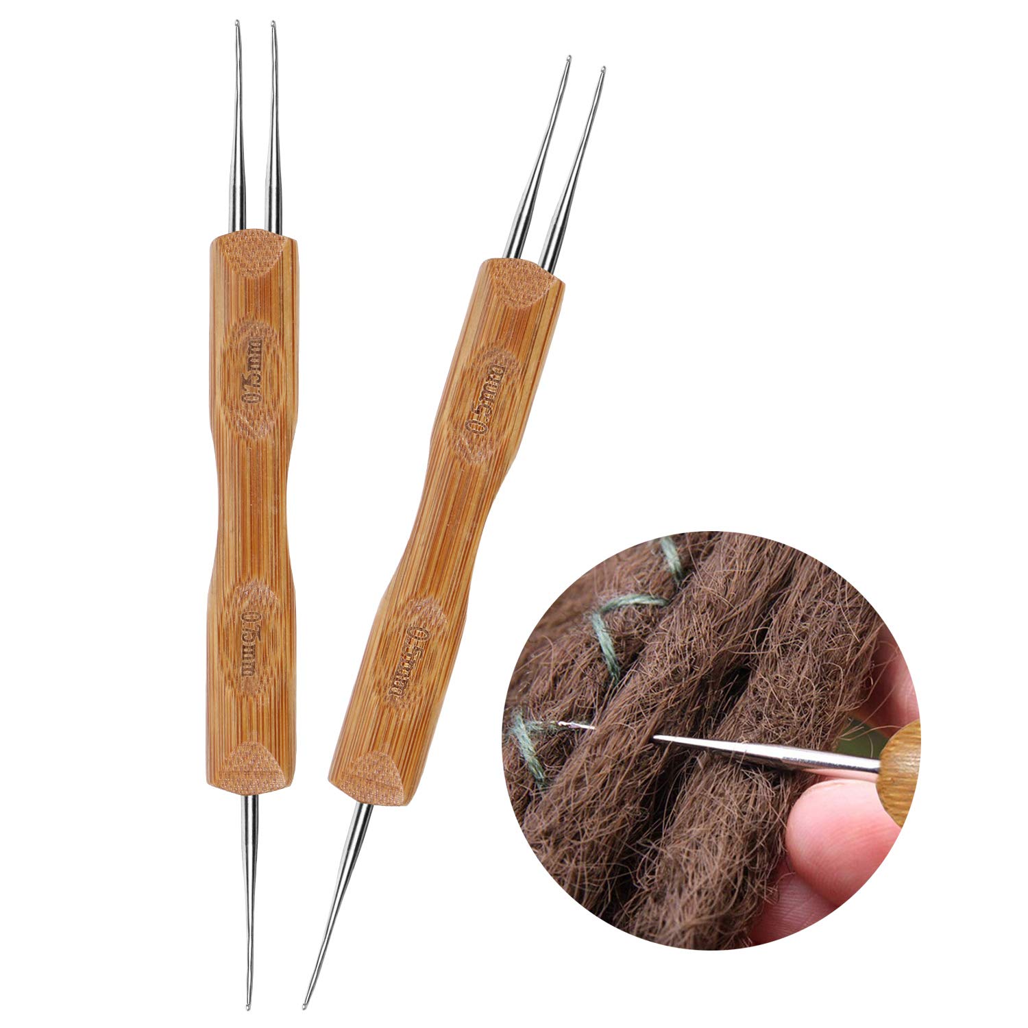 BENBO Dreadlocks Crochet Hooks, Double End, Stainless Steel & Bamboo, 0.5mm & 0.75mm, Braid Craft Tool for Dreads