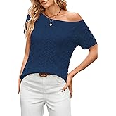 Cakulo Womens Cable Knit Off The Shoulder Sweaters Tops Short Sleeve Crew Neck Pullover Sweater 2025 Navy Blue M