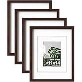Egofine 11x14 Picture Frames Made of Solid Wood with Plexiglass, Display Pictures 5x7/8x10 with Mat or 11x14 Without Mat Set of 4 for Tabletop and Wall Mounting, Walnut Color