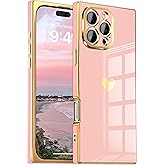 IAIYOXI Case for iPhone 15 - Rectangle Design, Full Camera Protection, Cute Heart Pattern, Electroplated Reinforced Corners, Shockproof Edge Bumper,Compatible with iPhone 15,Pink
