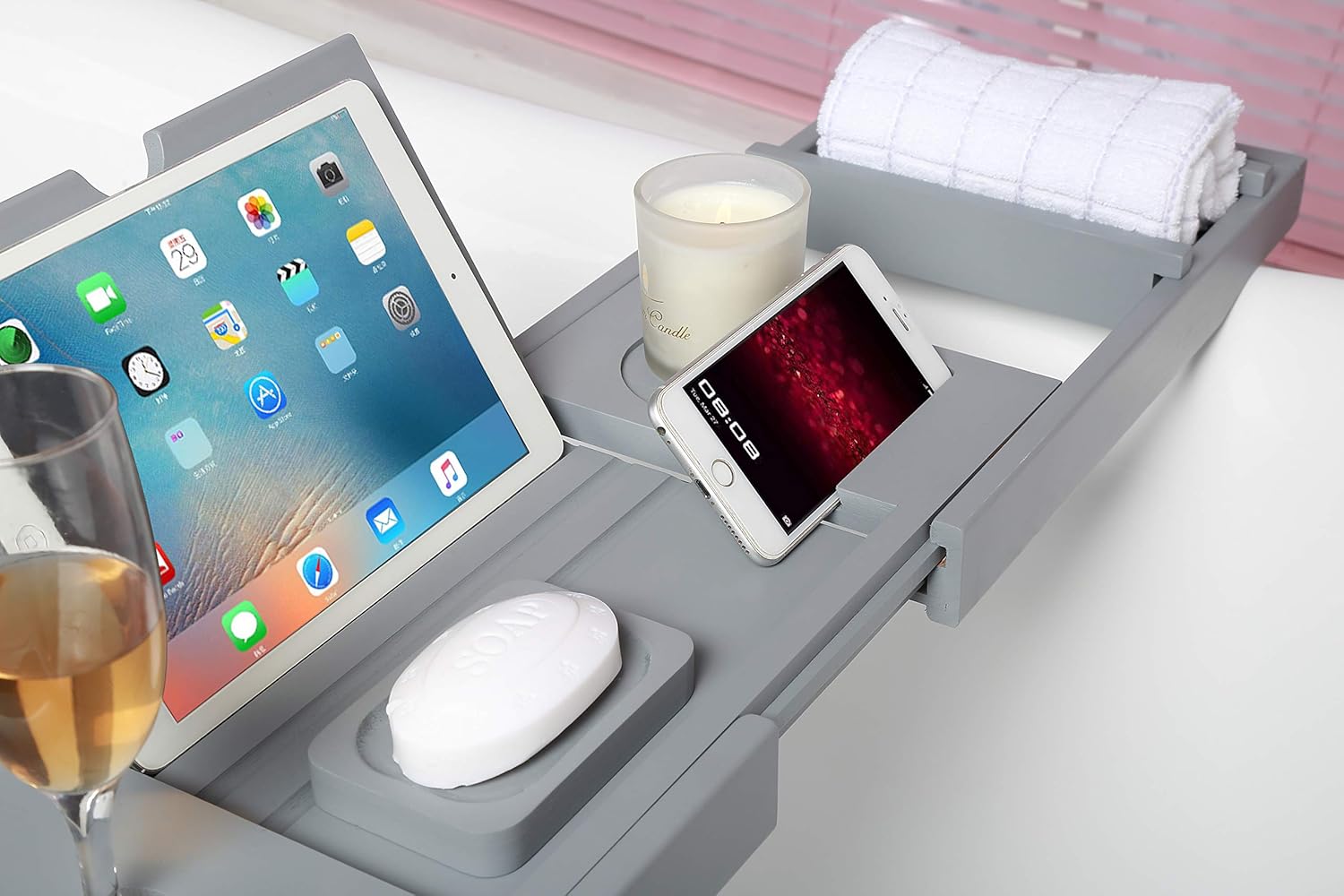 woodluv Bath Tray, Extendable Bath Caddy Trays for Bathtub Accessories with Tablet Phone Slots, Candle Mug/Cup Holder - Image 4