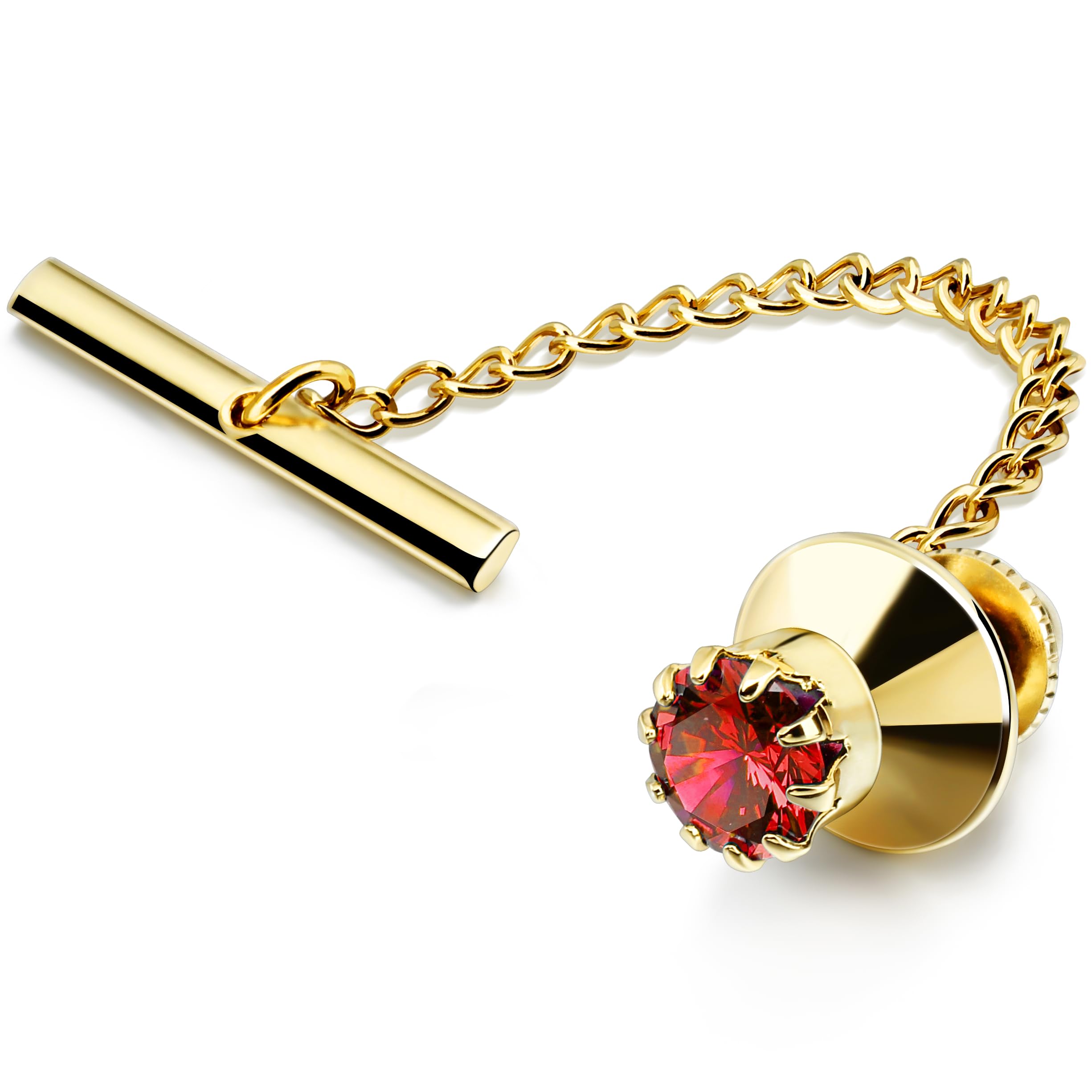 HAWSON Mens Crystal Tie Tack with Chain Gold Tie Clip Party Accessories 3 Color Options (Red)