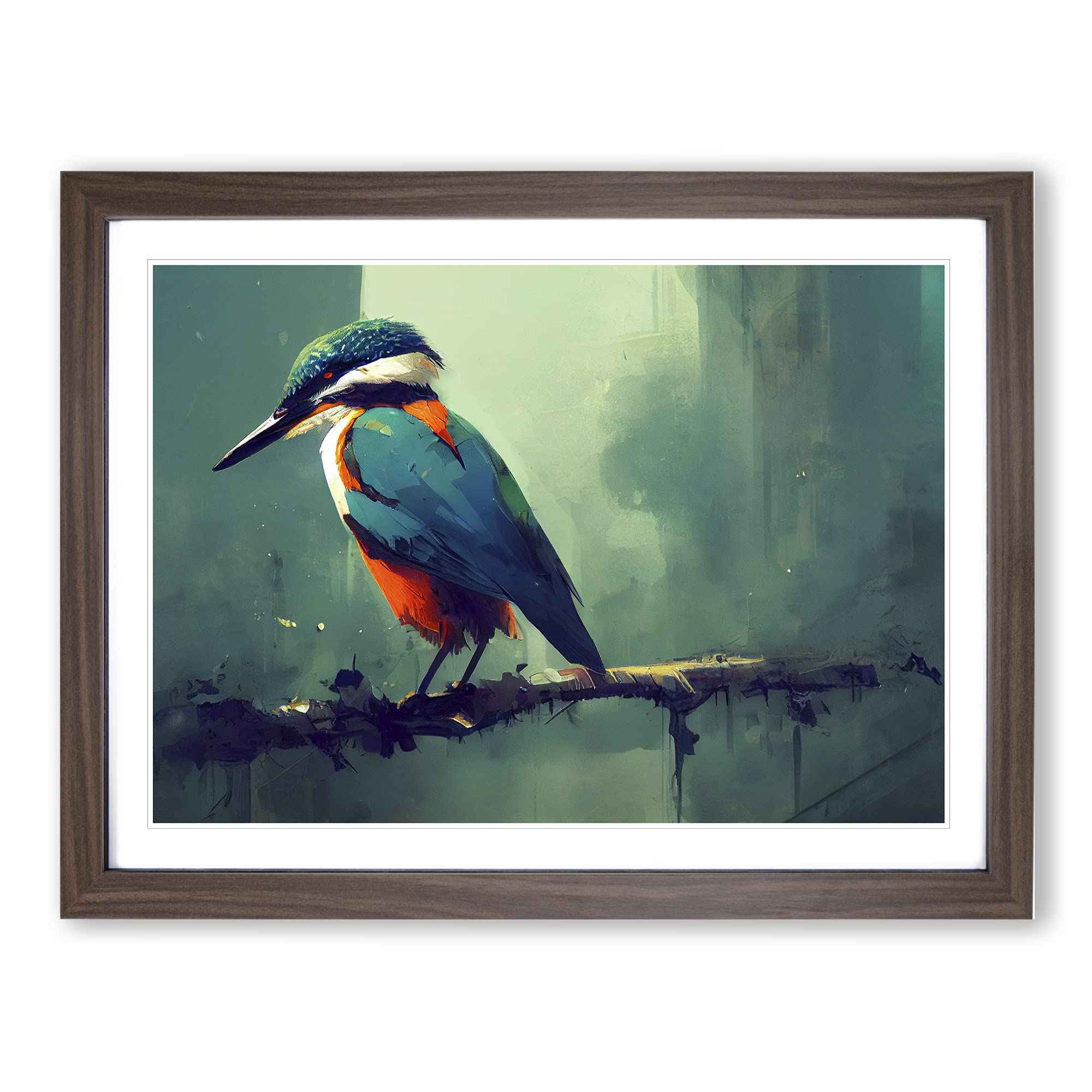 Kingfisher Bird Art Painting Vol.5 Framed Print | A4 Walnut Framed Wall Art | Ready to Hang | Modern Historical Picture | Living Room Bedroom Lounge Office