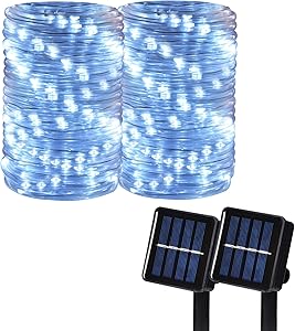 Solar Rope Lights Outdoor, 2 Pack 100 LED Solar String Lights Waterproof 8 Lighting Modes 33ft Copper Wire Fairy Lights for Fence Garden Patio Yard Hall Wedding Party Christmas Halloween (White)