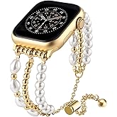QINGQING Pearl Beaded Bracelet Compatible for Apple Watch Band 38mm 40mm 41mm 42mm 44mm 45mm 49mm Dressy Gold Chain Wristband Adjustable for iWatch Bands Series 11/10/9/8/7/6/5/4/3/2/1/SE/Ultra Women