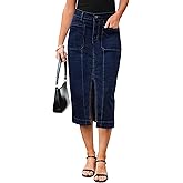 luvamia Jean Skirts for Women Denim Trendy Casual Stretchy High Waisted Midi Front Pockets Below Knee Skirt with Slit