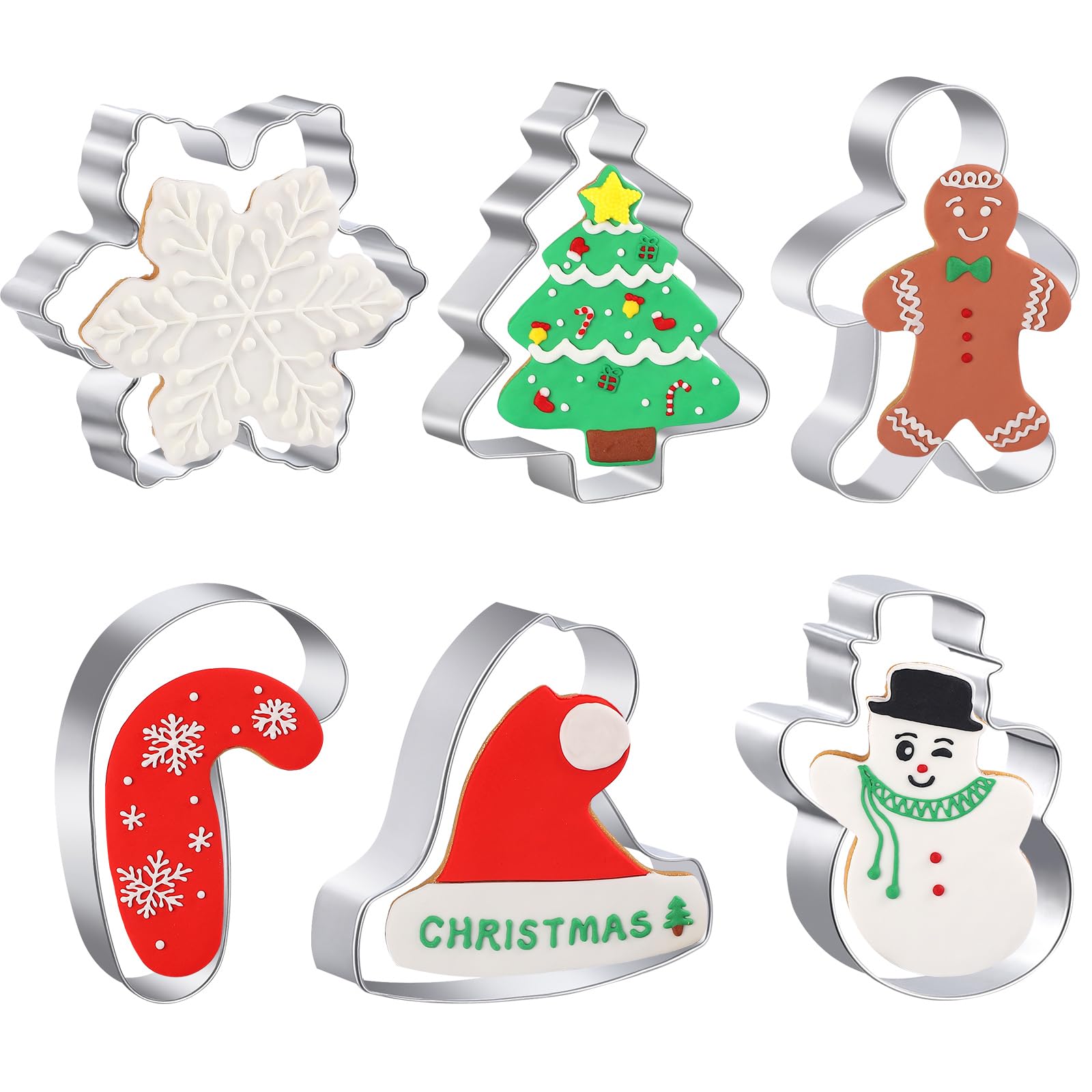 Photo 1 of 2 Large Christmas Cookie Cutters - 6 Pcs 4 Inch Holiday Cookie Cutter - Christmas Tree, Santa Hat, Snowflake, Gingerbread Men, Snowman and Candy Cane Shapes Cookie Molds for Winter Holiday DIY Baking