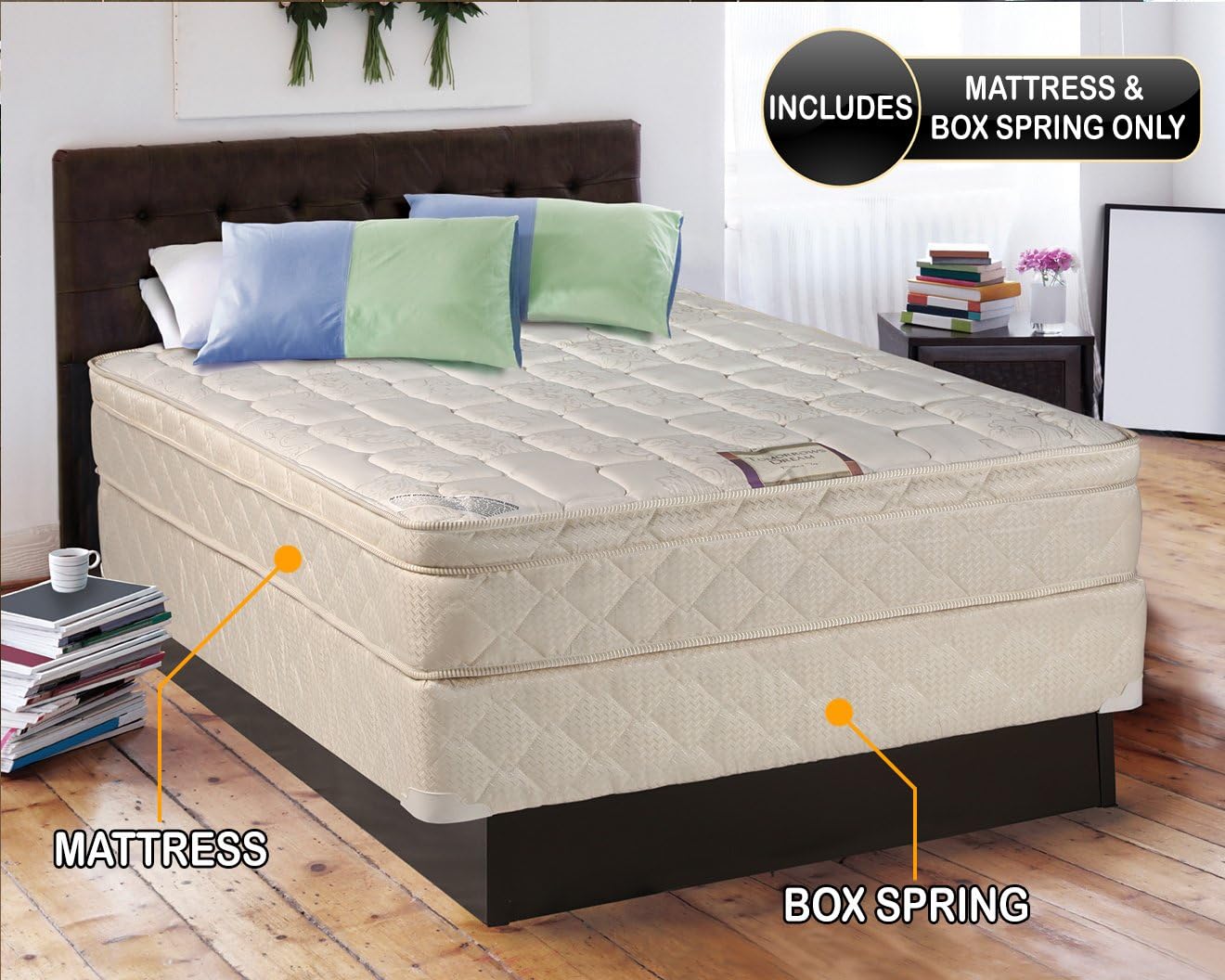 Dreamy Collection Medium Firm Eurotop (Pillowtop) Queen 60"x80"x10" Mattress and Box Spring Set-Spinal Back Support, Premium Edge Guards, Longlasting Comfort by Dream Solutions USA