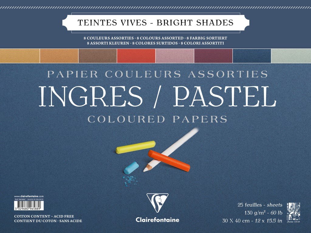 Clairefontaine - Ref 96588C - Ingres Pastel Colour Wirebound Pad (25 Sheets) - 30 x 40cm Size, Cotton Content, Acid Free, 130gsm Paper - Assorted Bright Colours