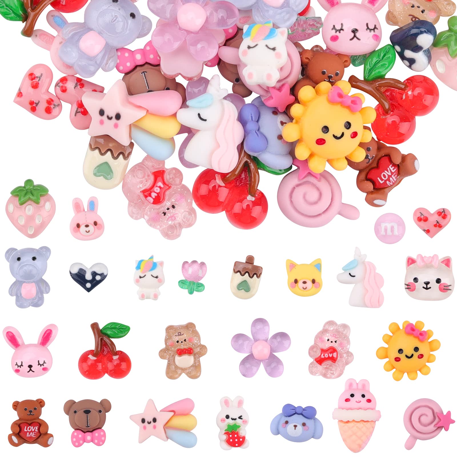 100 Pcs Kawaii Nail Charms, EBANKU Flatback Resin Nail Charms Sweet Candy Slime Animals 3D Decoration for DIY Crafts Jewelry Making