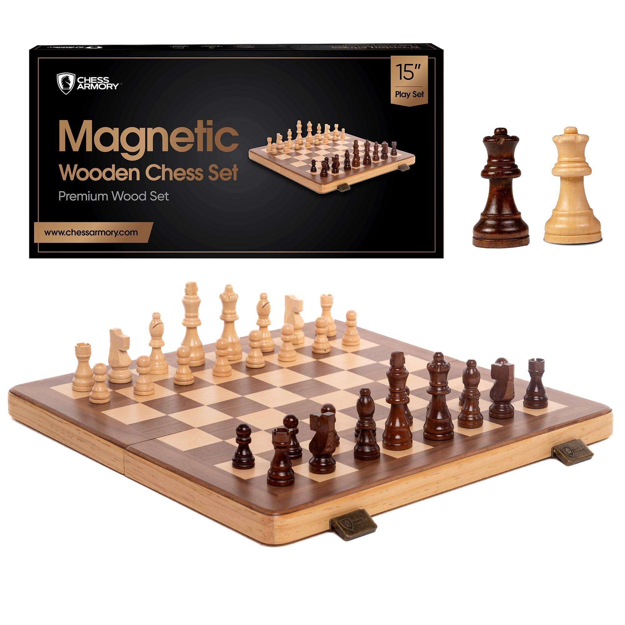 Photo 1 of 15 Inch Magnetic Wooden Chess Set for Adults & Kids - Folding Travel Chess Board with Handcrafted Staunton Pieces, Extra Queens, and Storage Slots