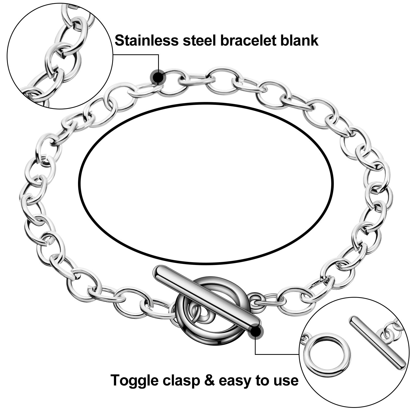 Junkin 20 Pieces Chain Bracelets Stainless Steel Link Bracelet Round Link Chain Bracelets with Ot Toggle Clasp Jewelry Bracelet Making for Women Valentine Present(Silver)