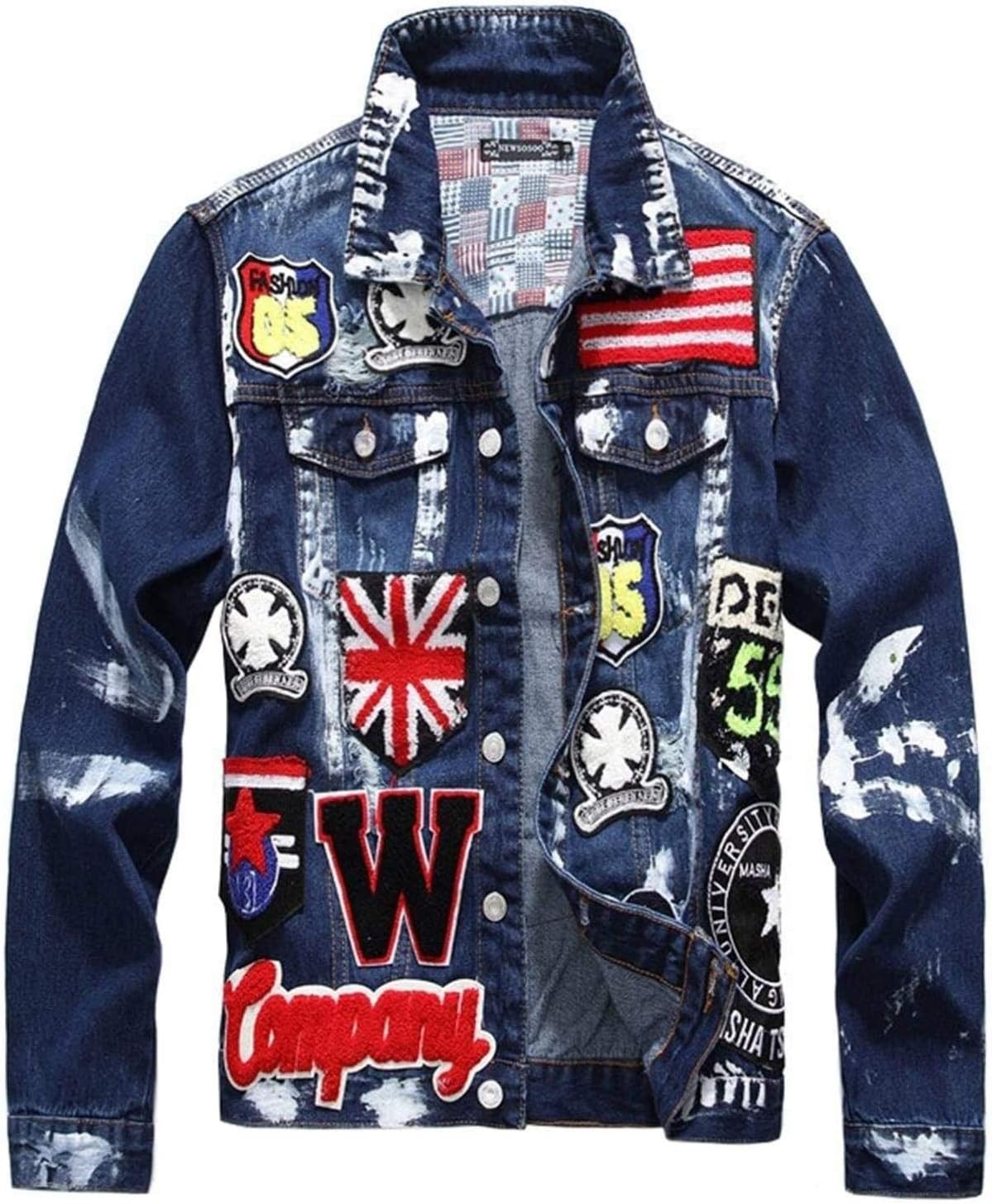 Denim Jacket Top Men's Flag Letters Patch Design Painted Denim Jacket