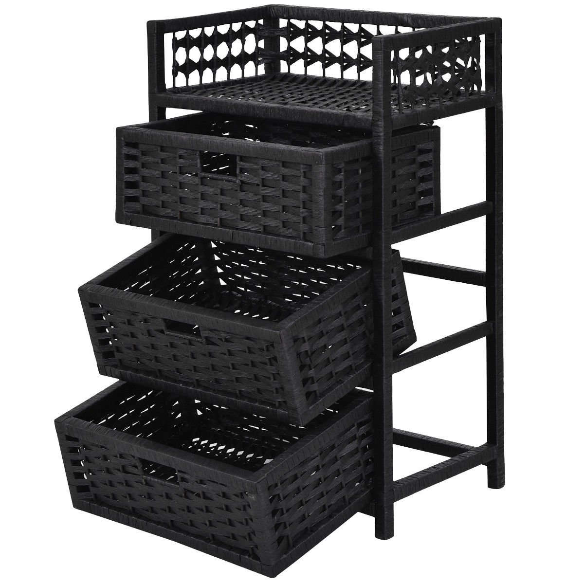 Storage Unit Tower Shelf Wicker Baskets Storage Chest Rack Black 3