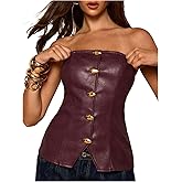 SweatyRocks Women's Sexy Leather Corset Tops Button Down Strapless Tube Tops Bandeau Tops Streetwear