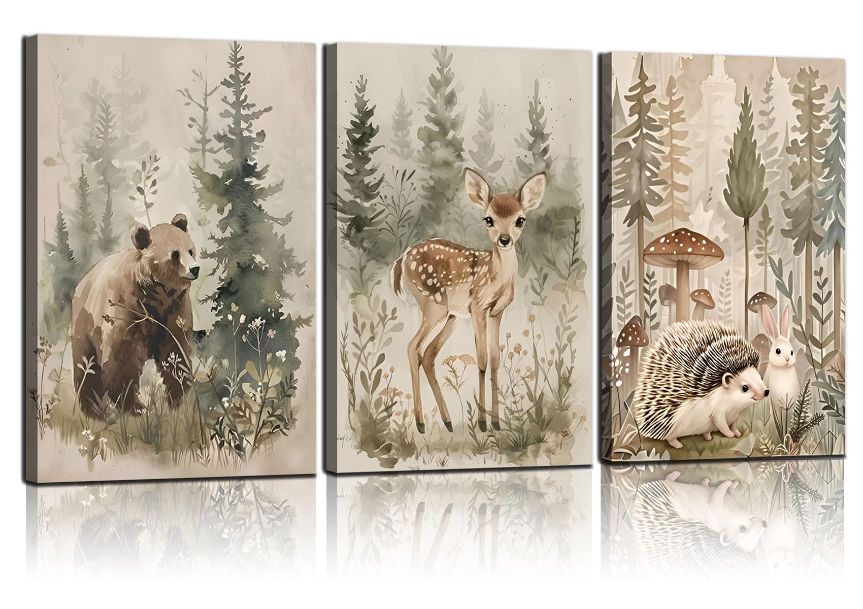 Photo 1 of 3 Pcs Woodland Animal Nursery Canvas wall art Wild Animals Forest Pictures Wall Decor Paintings hedgehog Bear Deer Watercolor Poster Prints for Boys Girls Room Home Artwork Decoration12inx16in canvas