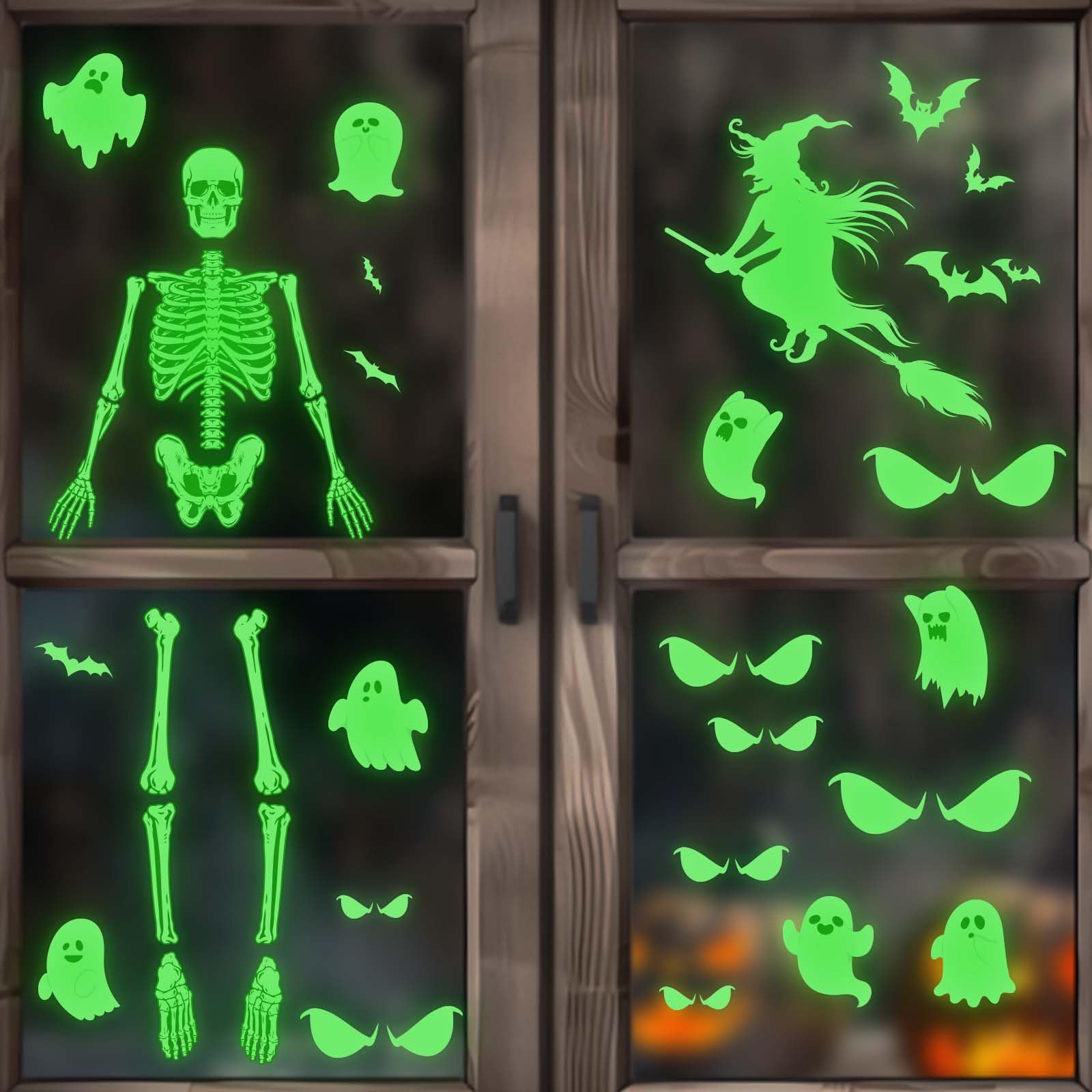 4 Pcs Halloween Luminous Stickers, Glow in The Dark Decorations Halloween Skeleton Ghost Window Clings Glow Wall Stickers for Halloween Party Home Wall Window Mirror Decoration