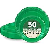 LANLISA 50 Pcs Green Plastic Plates For Party, 25-9" & 25-7" Disposable Cake Dessert Plates For Birthday, St Patricks Day, Christmas Dinner
