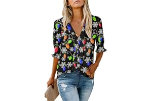 ROSHOP Christmas Blouses Women's Dressy Tops Smocked Sleeve Deep V Neck Snowflakes Costume Blouse