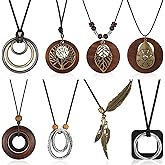 Huquary 8 Pcs Boho Long Necklaces for Women Vintage Wooden Necklaces Handmade Hippie Faux Leather Cord Sweater Jewelry