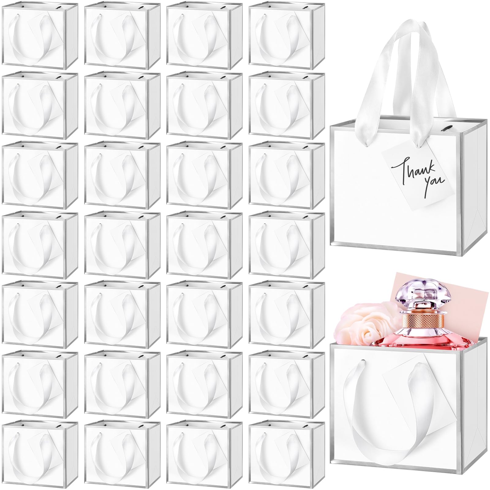Photo 1 of (PARTIAL SET) Yeaqee 50 Pcs Mini Metallic Foil Gift Bags with Handles 4x4. 75x2. 25'' Tiny Thank You Favor Bag Bulk with Tag for Father's Day Graduation Wedding Birthday Bridal Shower Party Favor(White, Silver)
