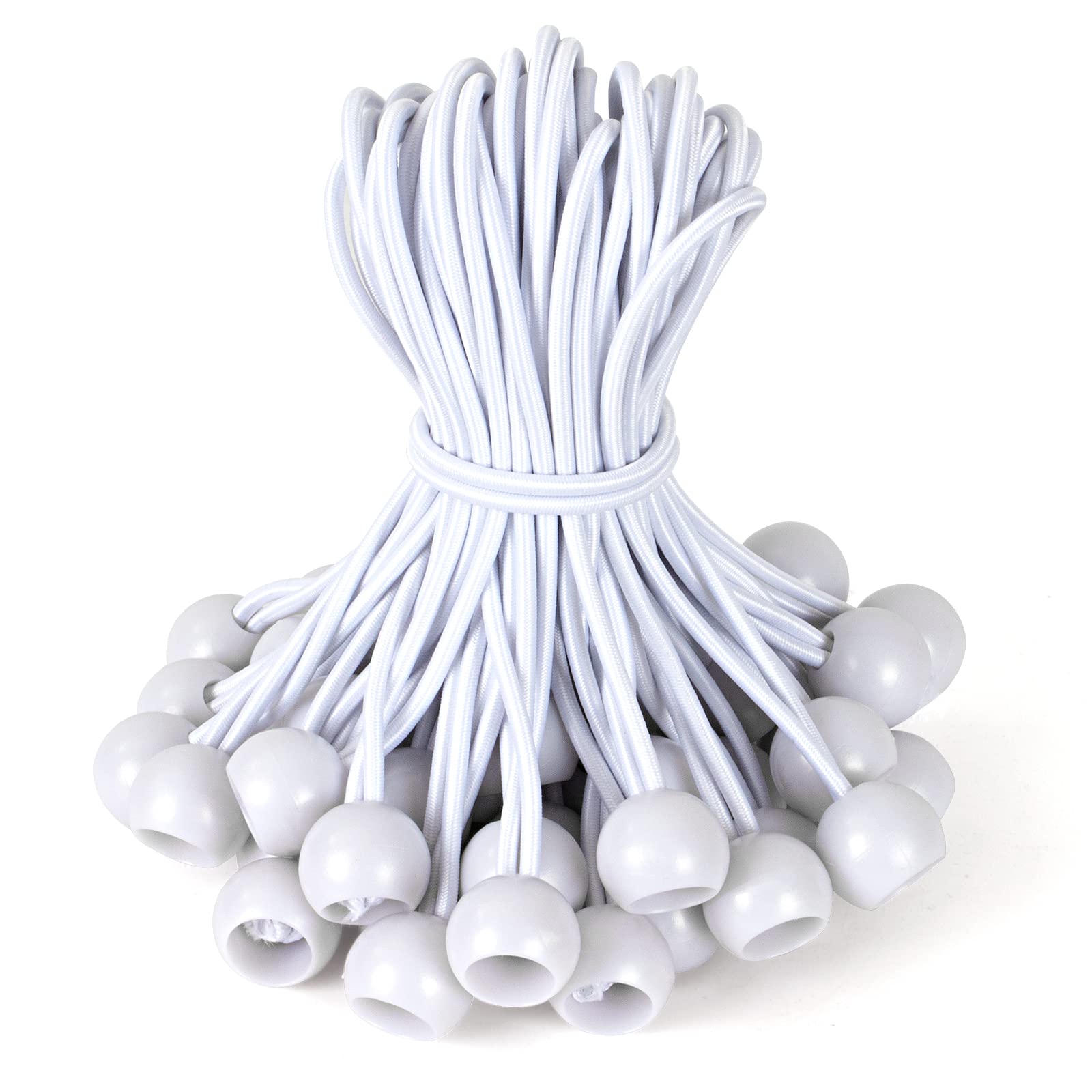 Akicderu Bungees with Ball, Rubber Tensioners with Ball, Tarpaulin Tensioners with Ball, Tent Rubbers, Expander Loops, Rubber Loops for Tarpaulins, Banners, Net, Gazebos, White 12 cm, 50