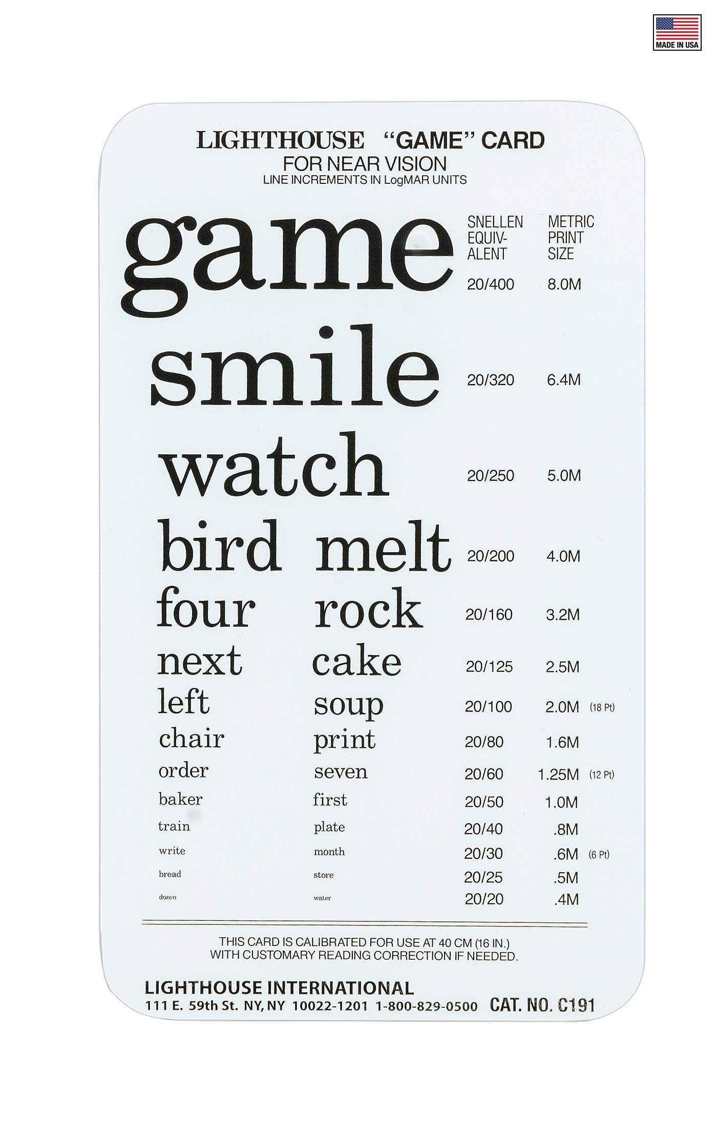 Precision Vision Lighthouse PowerCard Word Recognition Pocket-Size Test Card, 40cm / 16 in. LH 9258