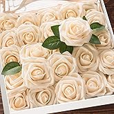 Higfra Artificial Flowers Champagne Roses W/Stem, Rustic Farmhouse Decor for Home Wedding Kitchen and Office Ideal Bridal Shower Party Home Decorations 25pcs
