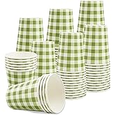 120Pcs Sage Green and White Gingham Paper Cups - 9oz Disposable Plaid Cups Checkered Drinking Cups for Birthday Baby Shower Fiesta Picnic Party Supplies