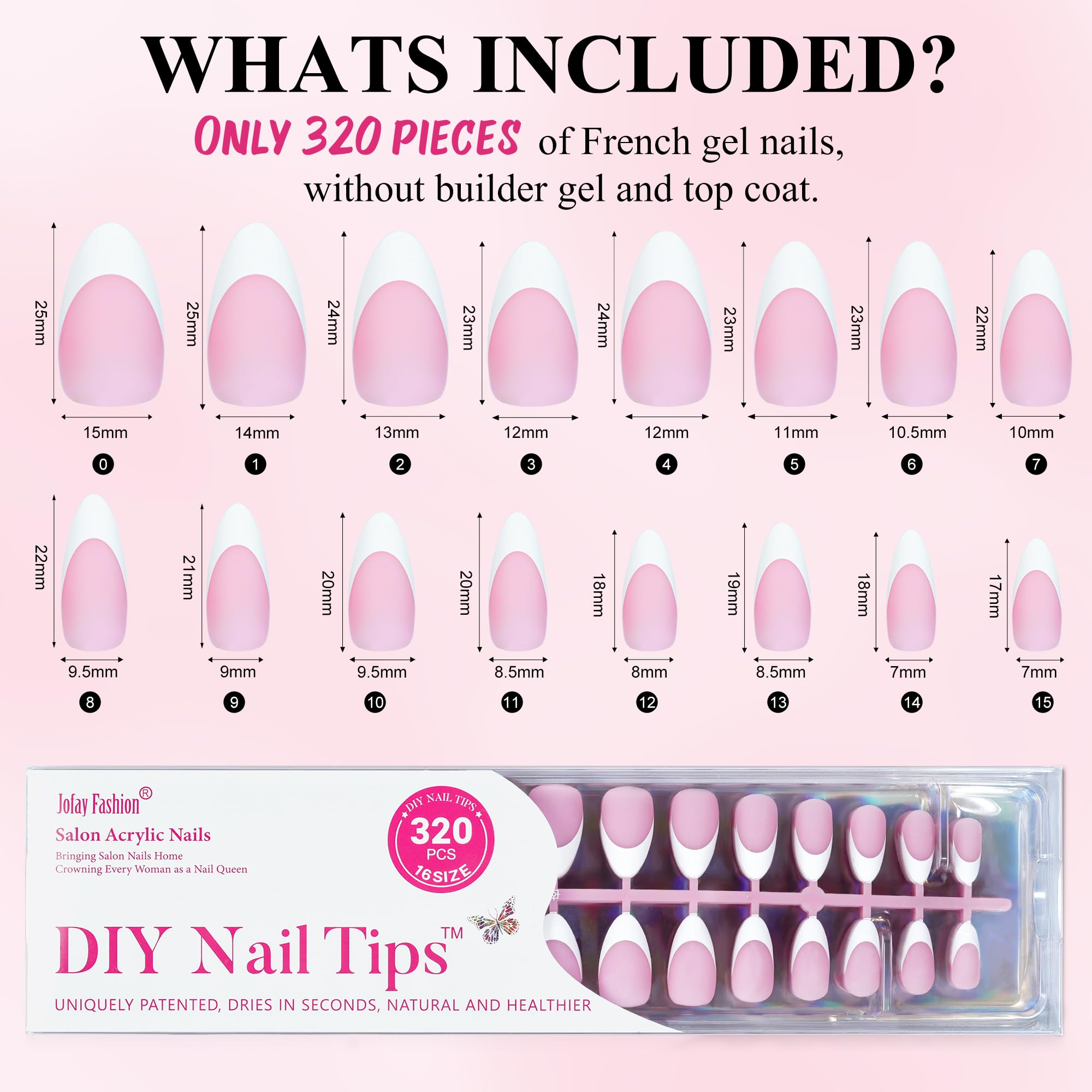 White French Tip, Jofay Fashion Press on Nails, 320Pcs Pink Medium Almond Nails, Pre-applied Tip Primer & Base Coat, Salon Fake Nails, 16 Sizes - Image 6