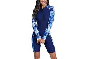 Halcurt Women's Boyleg One Piece Rash Guard with Built in Bra Zip Front UPF50+ Long Sleeve Full Body Surfing Swimsuit