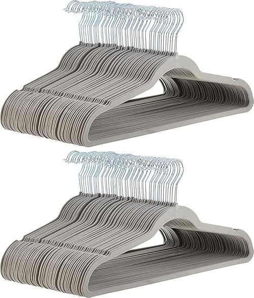 Amazon Basics Slim, Velvet, Non-Slip, Durable Suit Clothes Hangers for Closet, Coats, Pants, Shirts, Gray/Silver, Pack of 100
