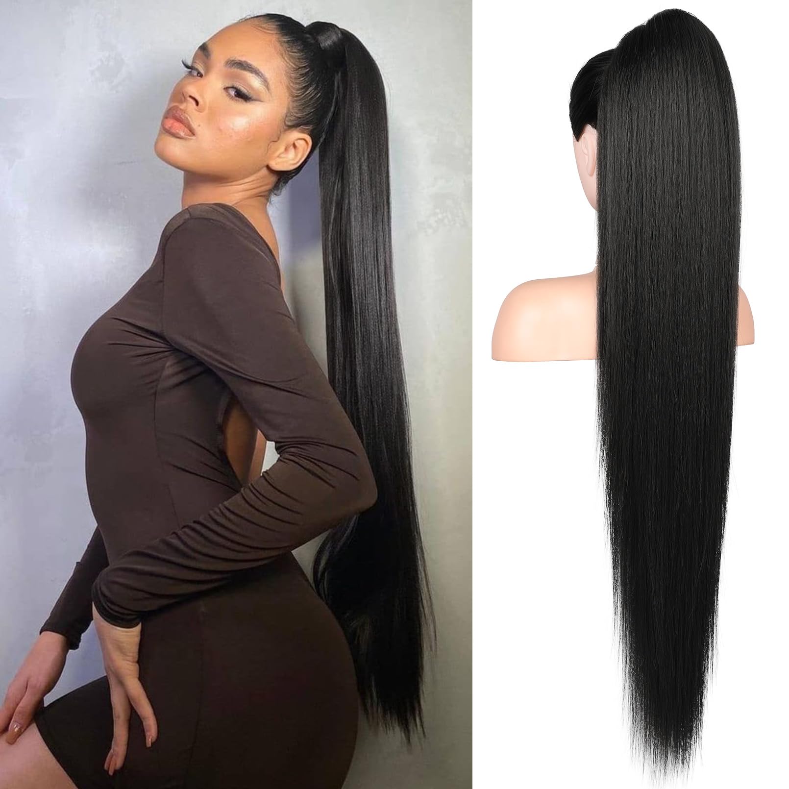 Photo 1 of Flufymooz ponytail extension, 36 Inch Long Straight Drawstring Ponytail Synthetic Hairpieces Fake Pony Tails Natural Soft Clip in Hair Extension ponytail for Women (Natural Black)