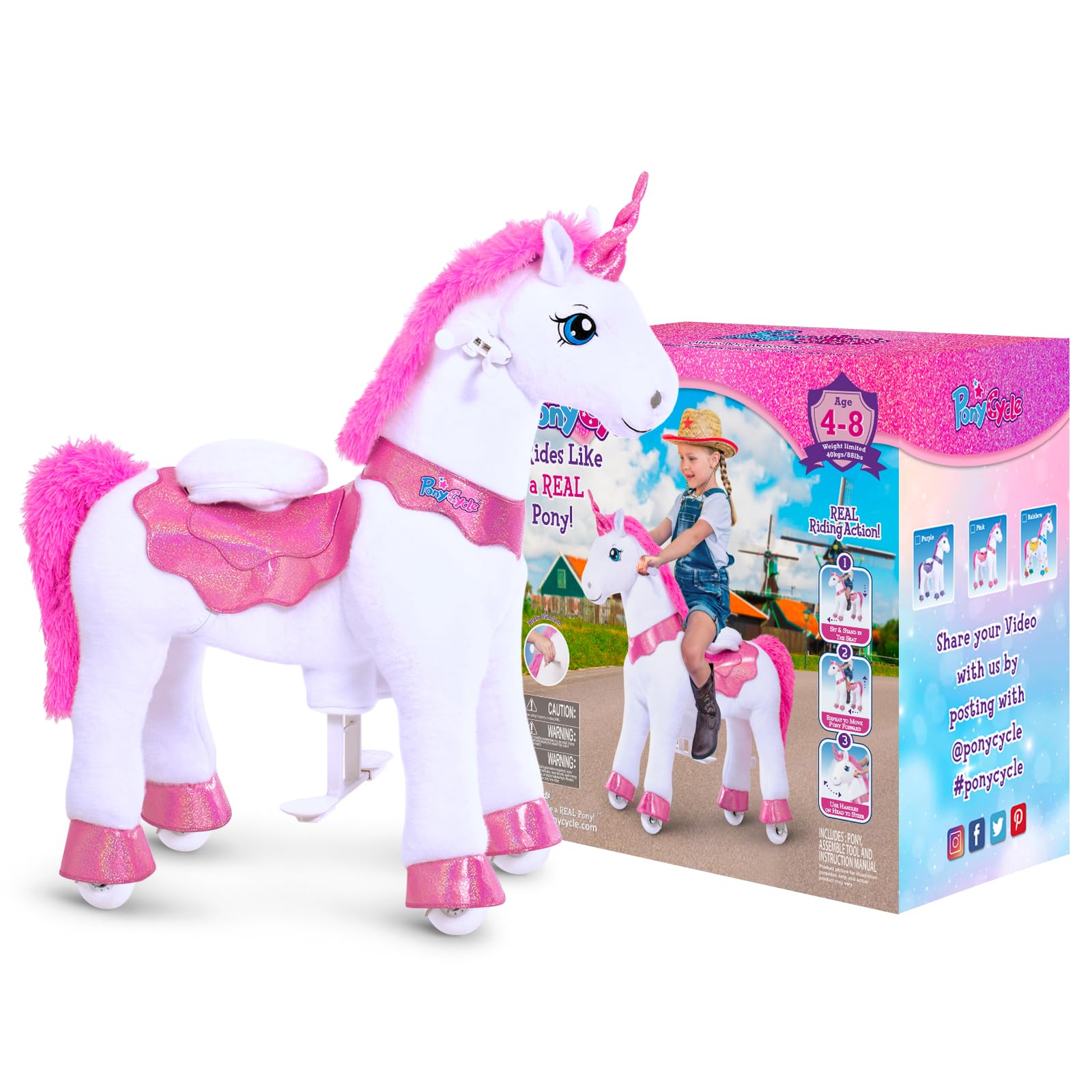 PonyCycle Ride on Unicorn Toys for Girls Pony Riding Pink Unicorn Rocking Horse (with Brake/ 35.4