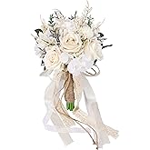 CEWOR Wedding Bouquets for Bride Bridesmaid, White Champagne Artificial Roses Flowers Wedding Decoration (7.5in)