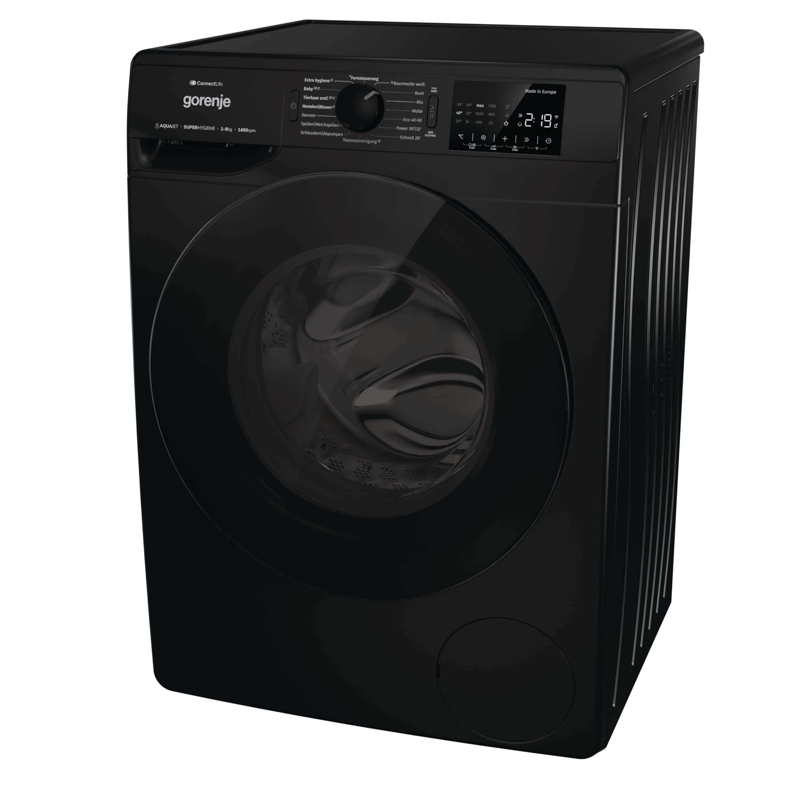 Gorenje WPNEI94A1DTSB Waschmaschine mit Dampffunktion/ConnectLife / 9Kg / 1400 U/min / 15 Programme/Totaler AquaStop/Wave Active Trommel/ExtraHygiene/PowerWash/Schnell Waschgang/EEK: A-10% 4