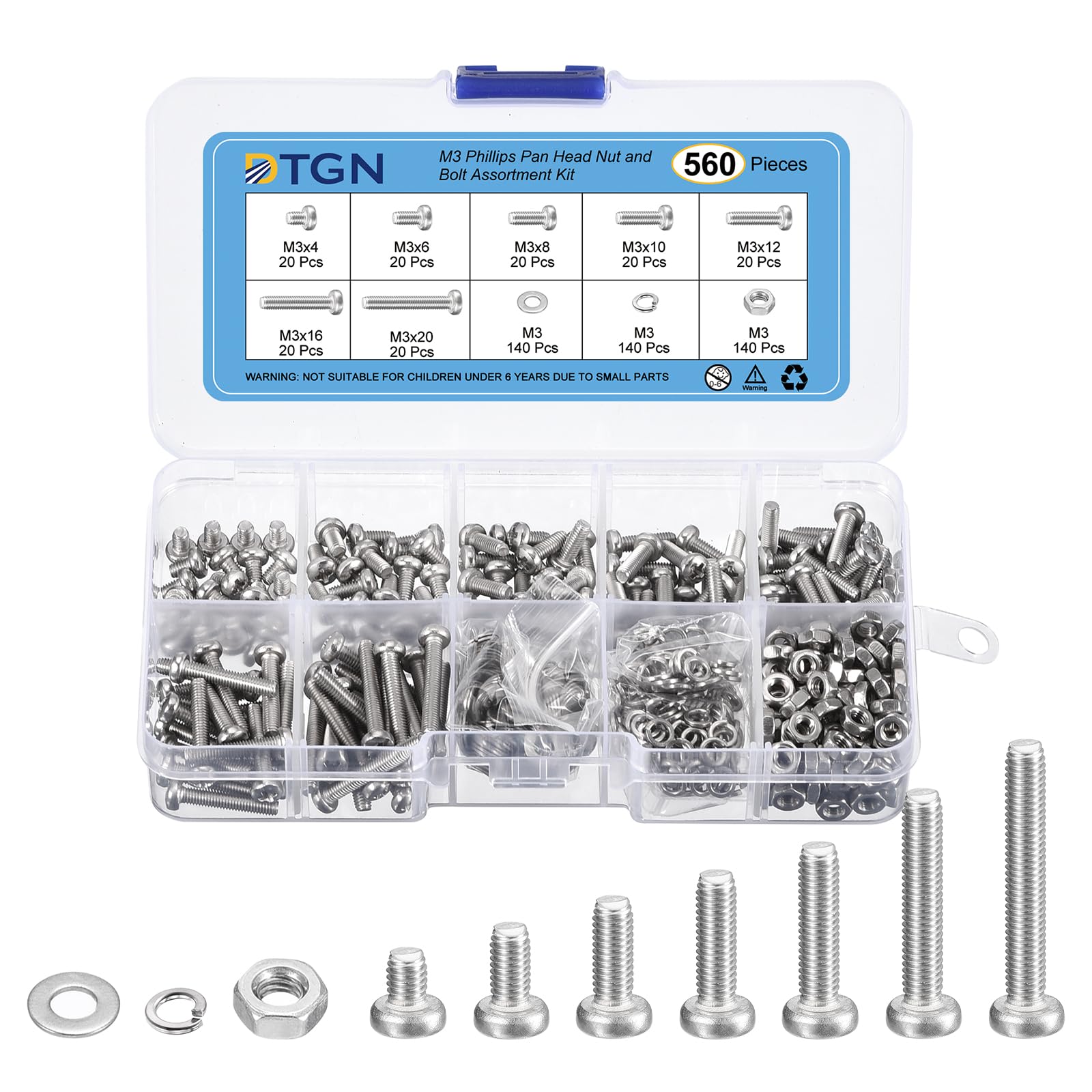 DTGN 560Pcs Machine Screws Assortment Kit, M3 Phillips Pan Head Nut and Bolt Assortment Kit,4/6/8/10/12/16/20mm Metric Bolt Assortment, 304 Stainless Steel With Washers