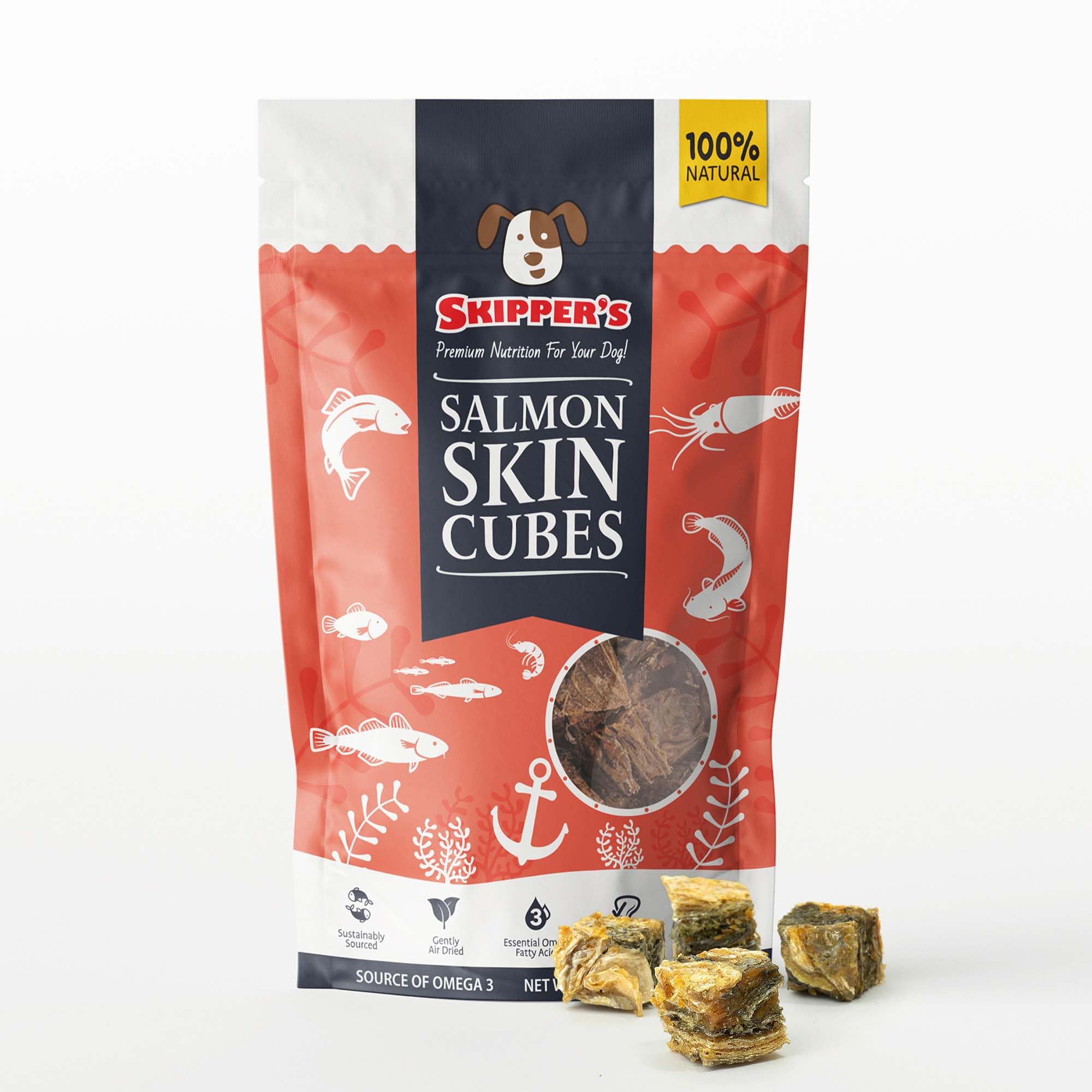 SKIPPER’S Salmon Skin Cubes - 100% Salmon Skin Grain Free & Hypoallergenic Cubes for Dogs, All Natural & Healthy Dog Treats, Omega 3 & 6 Oil, Great For Skin, Coat & Joints | (70g, Pack of 1)