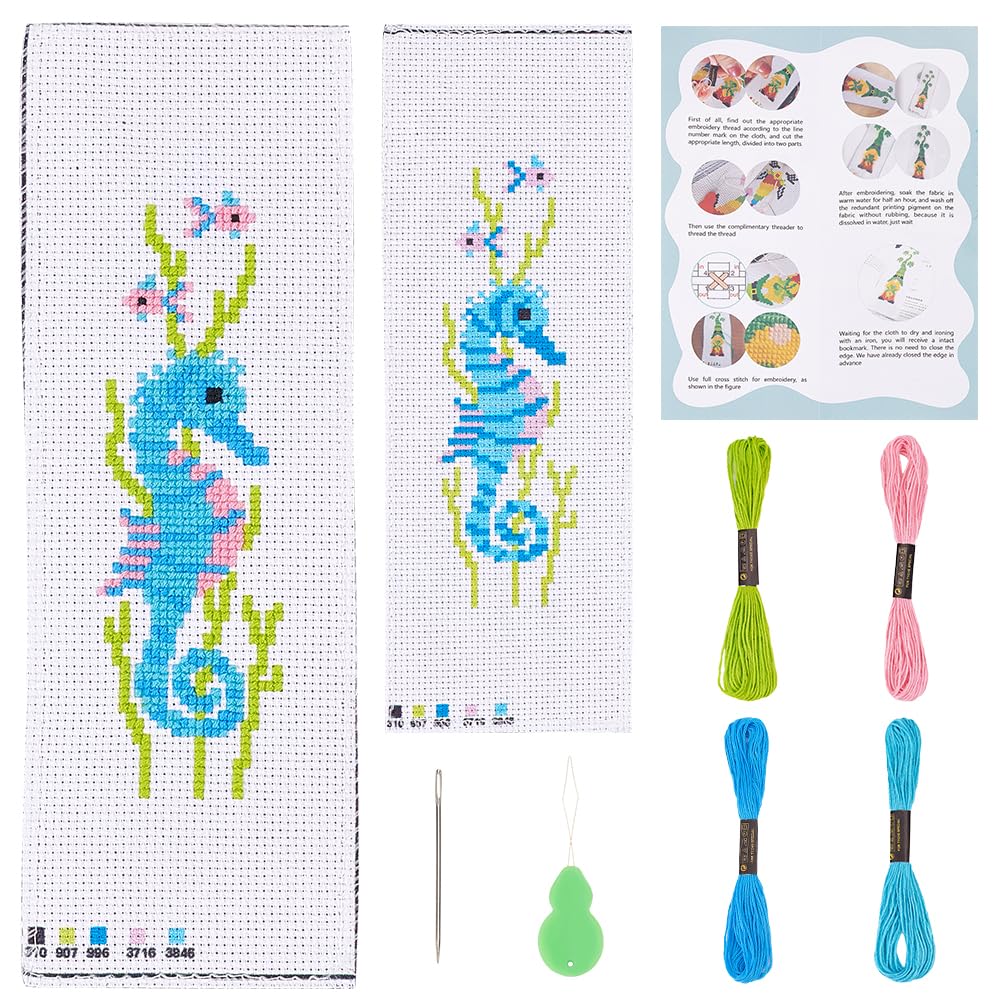INFUNLY Bookmark Cross Stitch Seahorse Embroidery Bookmark Set Bookmark Cross Stitch Kit Stamped Embroidery Bookmarks for Adult Book Lover Gift Instruction Included