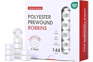 POOLIN Richword Selected Prewound Bobbins 144pcs, Size A (Class 15 / SA156), 75D Polyester Bobbin Thread, Plastic Sided, for Single Needle Embroidery & Sewing Machines, White
