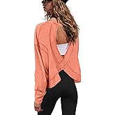 Gacaky Womens Open Back Loose Workout Tops Backless Long Sleeve Athletic Shirt Running Crop Top Gym Dance Tee