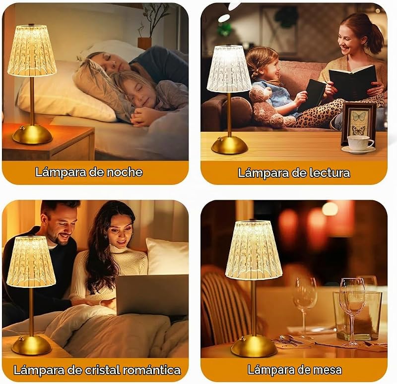Lampara Inalambrica, 2000mAh Lampara Recargable con USB-C, 3 Temperaturas de Color Toca Cristal Lampara de Mesa, Lámpara de Mesa Inalámbrica para Dormitorio, Cafetería, Bar, Cena (Oro)