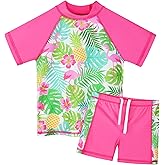 TFJH E Girls Short Sleeve Swimwear Two Piece Swimsuit UPF 50+ Rash Guard Sets UV 3-12Y