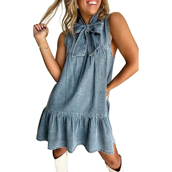 Melliflo Bow Back Denim Dress for Women Square Neck