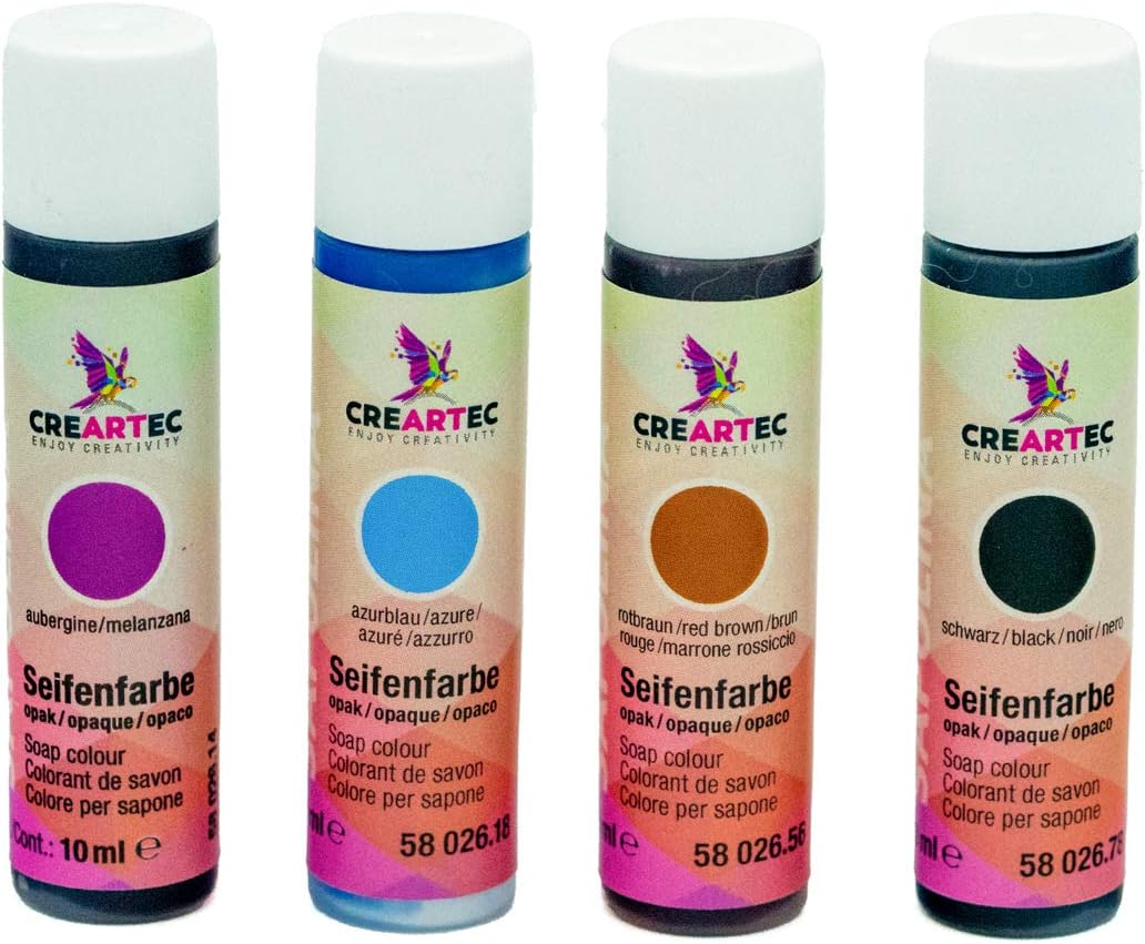 CREARTEC Set of 4 soap colours - Assortment 4 x 10ml opaque colours set - black, reddish brown, aubergine, azure blue - for individual soap production - Made in Germany