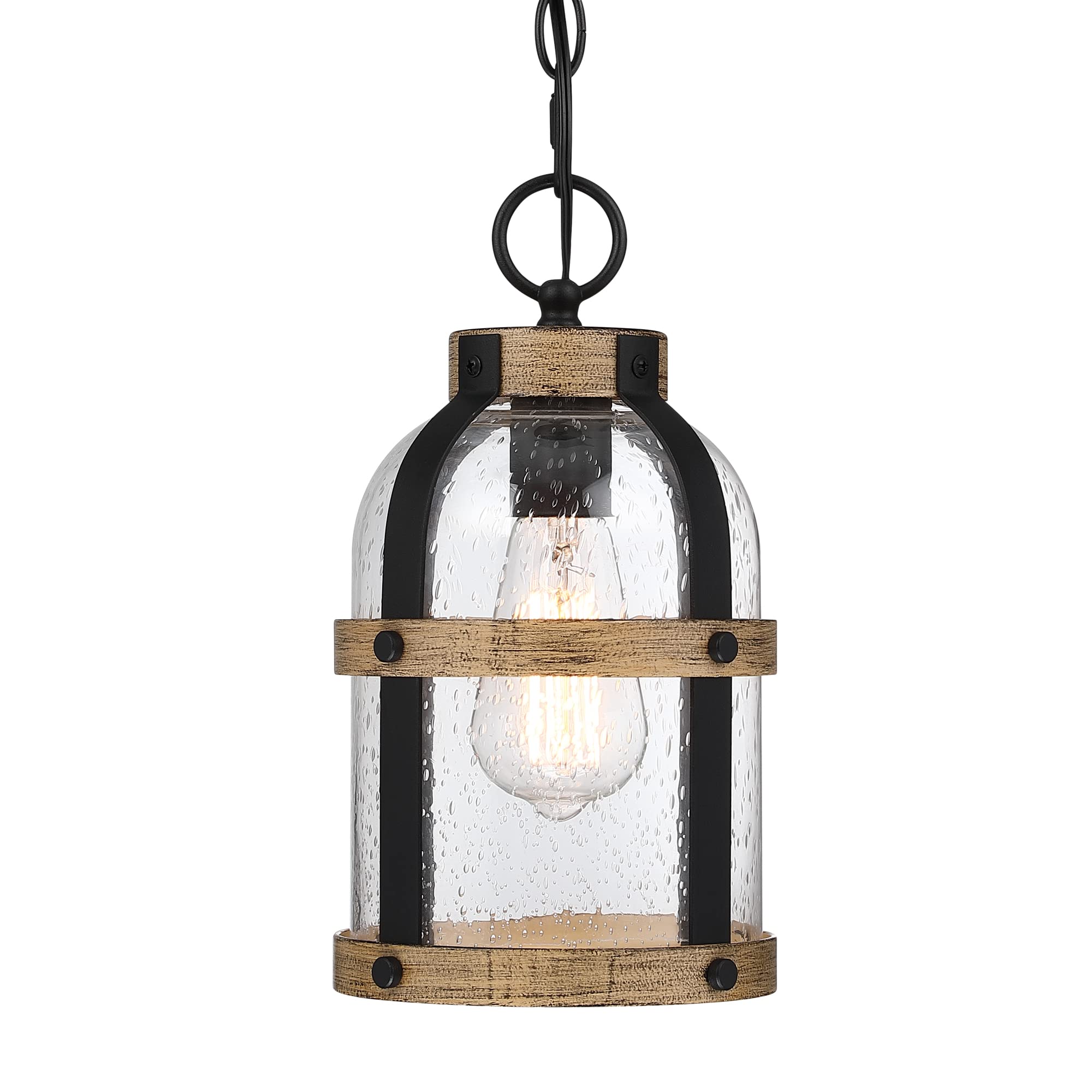 Photo 1 of DOCIUEON Outdoor Pendant Light for Porch,Waterproof Modern Exterior Hanging Lantern with Adjustable Chain, in Black and Wood Grain Finish with Air Bubble Glass for Front Door,Entryway,Farmhouse