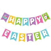OHOME Easter Decorations - Happy Easter Banner | Bunny Party Decorations for Indoor Outdoor Outside - Bunny Egg Garland for Front Door | Easter Backdrop Wreath for Window Wall - Easter Decor