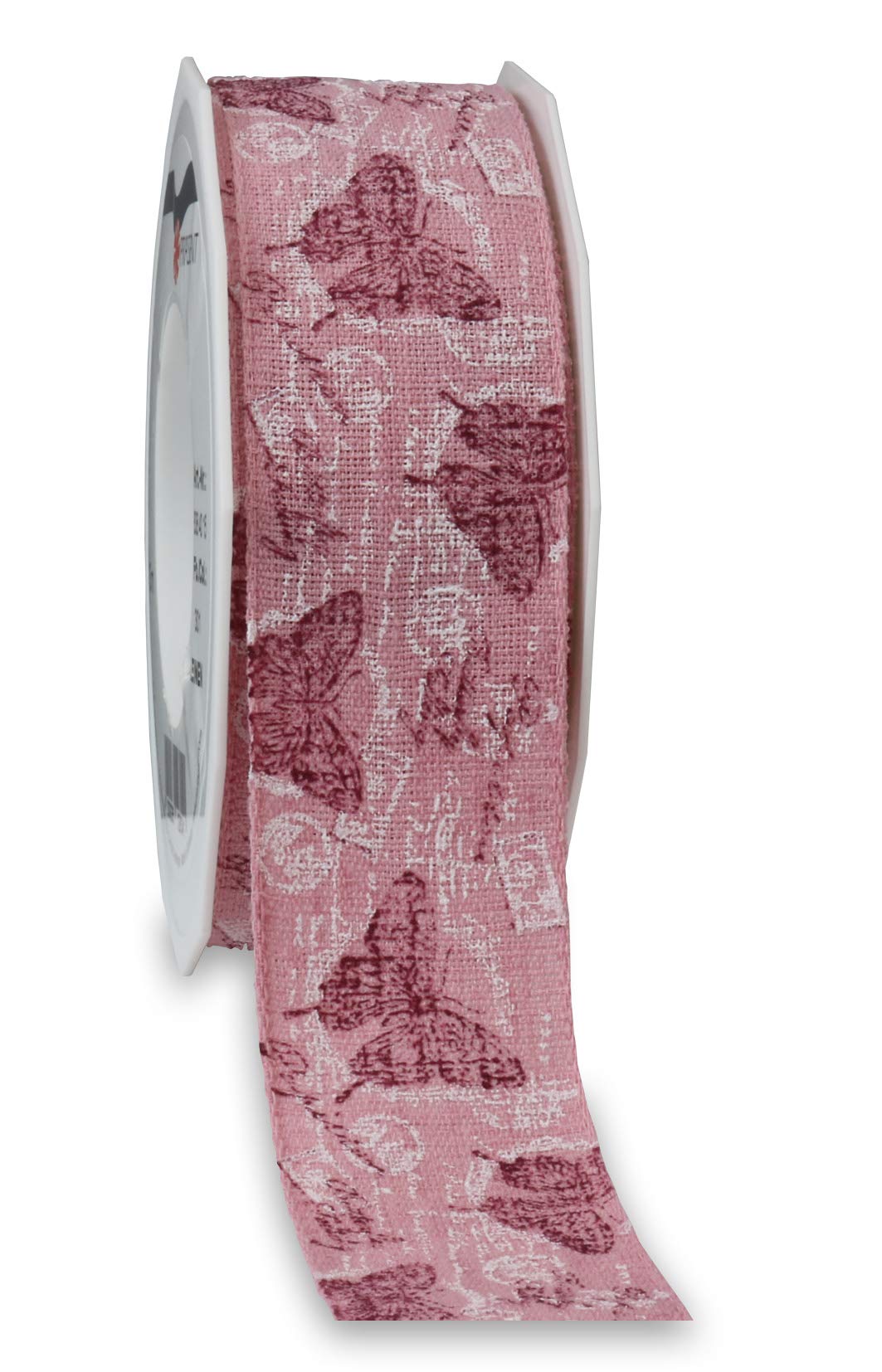Präsent - Neapel Printed Linen Ribbon Old Rose 40 mm Width, 15 m Length