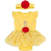 Disney Princess Baby Girls Cosplay Bodysuit With Skirt Overlay & Headband Outfit Set Newborn to Infant Sizes (0-24 Months)