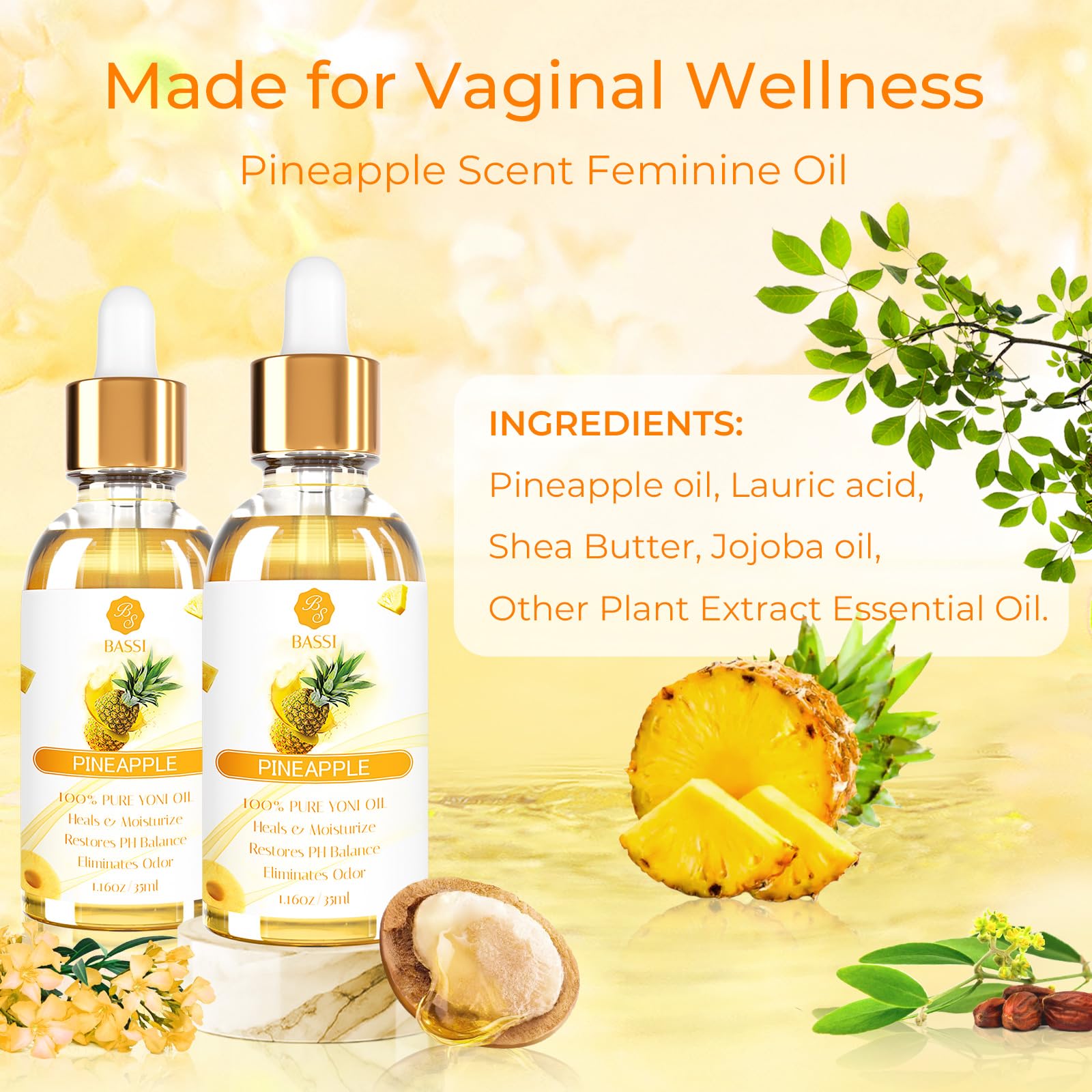 3 Packs Yoni Oil for Women - Feminine Care Oil - All Natural Vaginal Essential Oils, Reduces Odor, Restores pH Balance and Wetness, 1 fl oz/pc Strawberry Pineapple Peach Scent